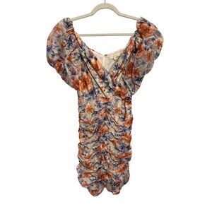 Fanco Mini Dress Size Small Floral Ruched Surplice Neck Orange Blue Boho Cottage